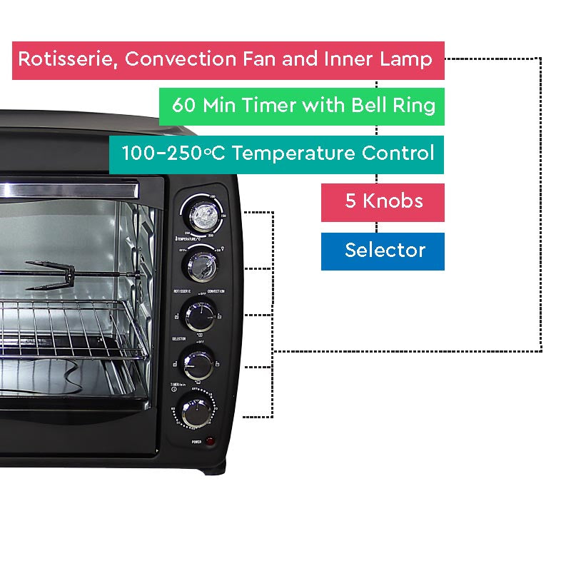 Nobel Electric Oven Black 85 Litres Convection Fan Stainless Steel Heating Element Rotisserie With Timer NEO100