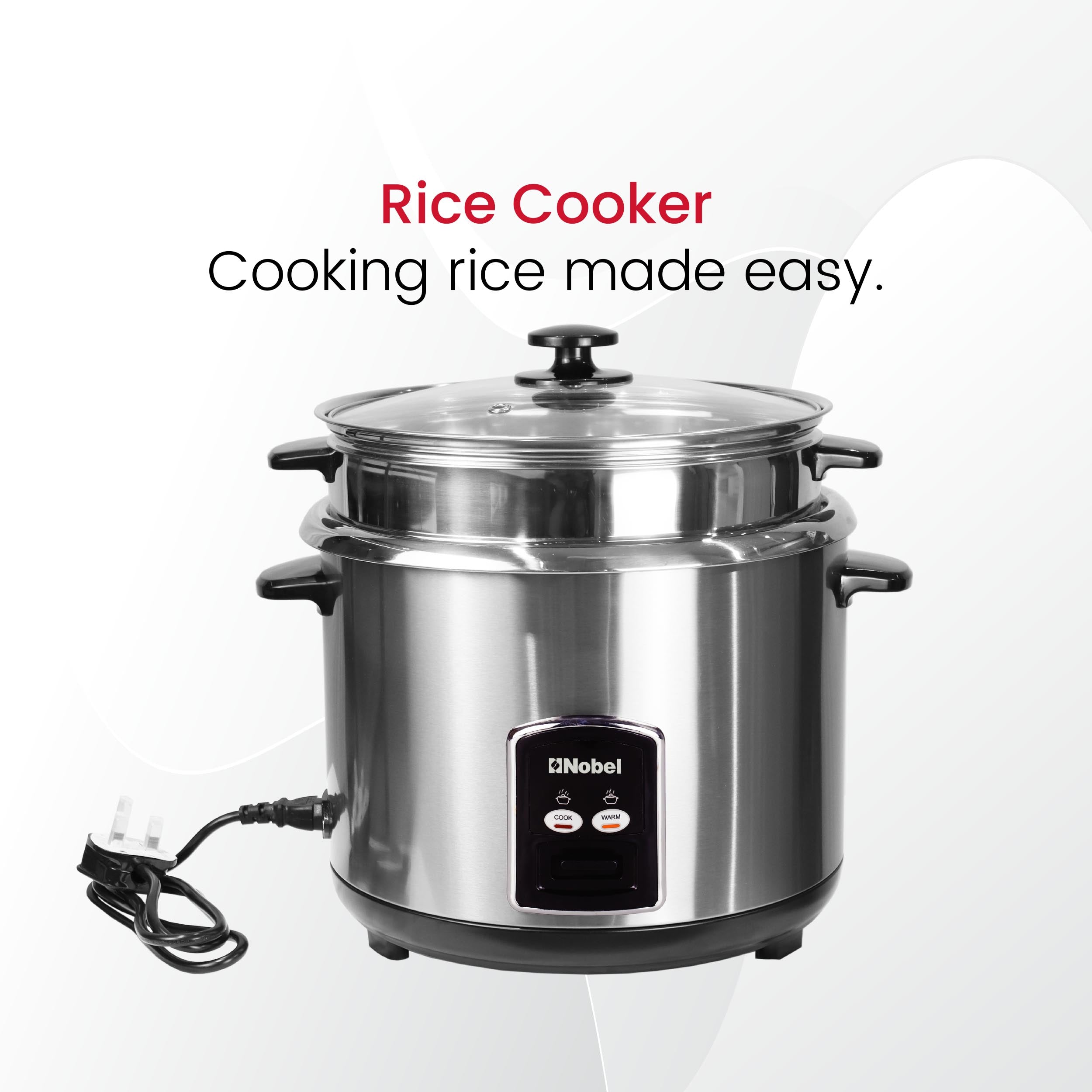 Nobel Rice Cooker Stainless Steel Tempered Glass Lid 28L 1000W NRC280S White