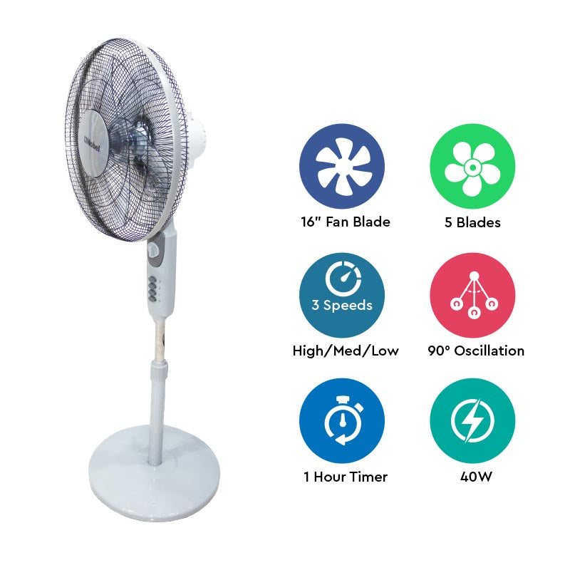 Nobel Stand Fan Gray "16"" Stand Fan" 1200Rpm 3 Speed 5 Blades With Timer NF145