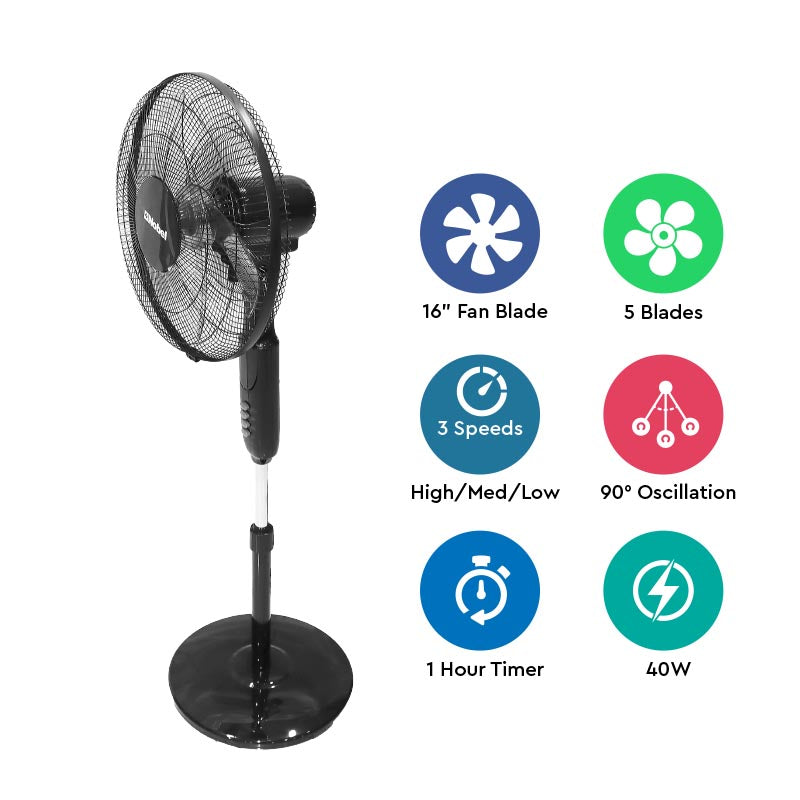 Nobel Stand Fan Black "16"" Stand Fan" 1200Rpm 3 Speed 5 Blades Remote Control NF150