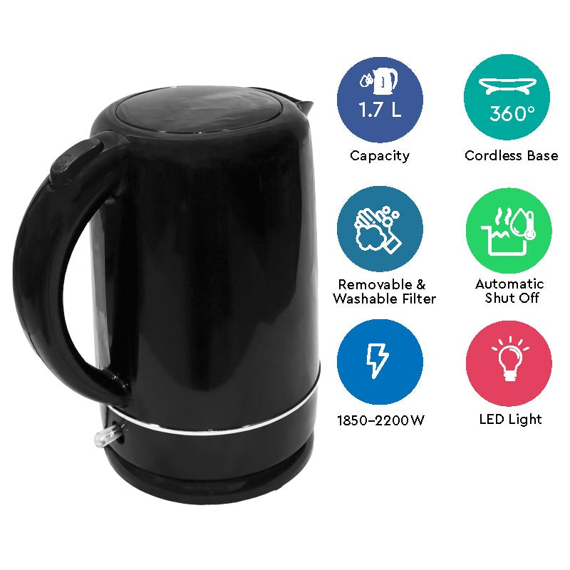 Nobel Kettles Black 1.7 Litre Side Water Window Plastic Body Boiling Dry Protection Auto Shutoff NK17BK