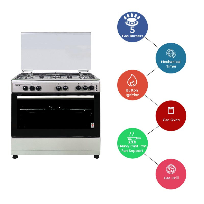 Nobel Gas Cooker Stainless Steel 90X60 5 Gas Burners Ffd Gas Oven Turkey NGC9699 (Basic Installation Included)