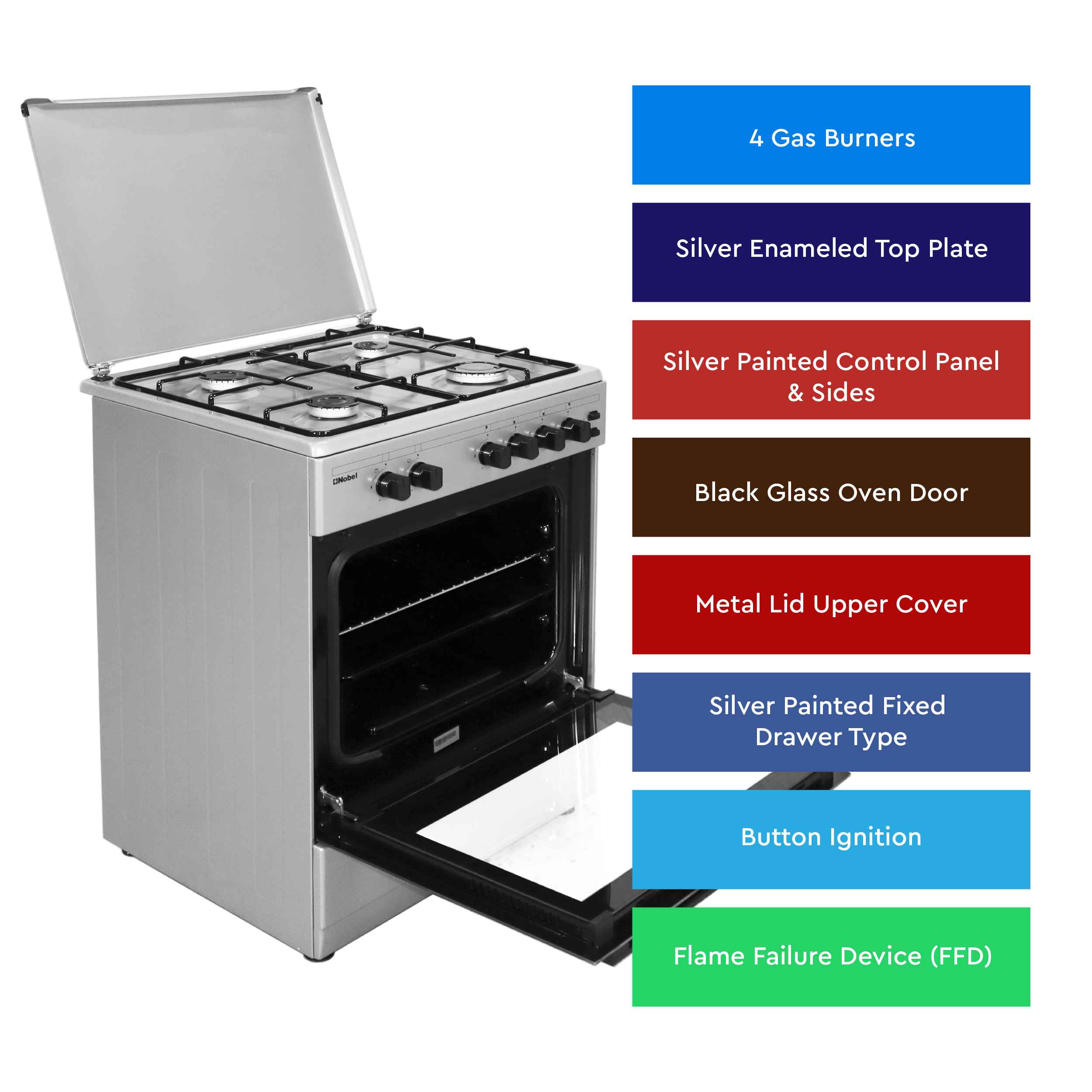 Nobel Gas Cooker Silver 60X55 Cm 4 Gas Burners Ffd Gas Oven Turkey NGC6600 (Basic Installation Included)