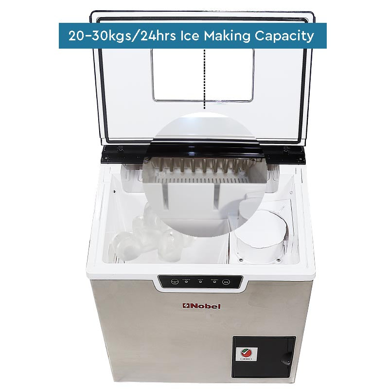 Nobel Ice Cube Maker Stainless Steel 20-30 Kgs 24 Hrs Ice Making Capacity 1.8Kgs Icebin Capacity, 3L Water Tank Capacity Bullet Ice Shaped, 18 Cycle Led Indicator NIM30