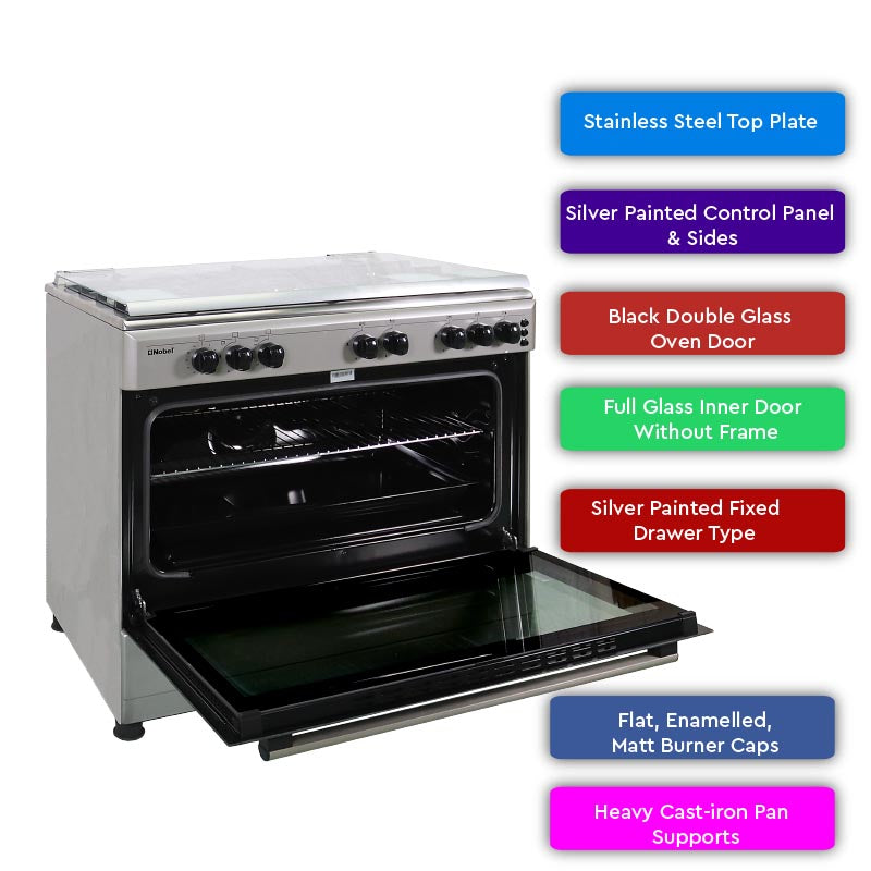 Nobel Gas Cooker Stainless Steel 90X60 5 Gas Burners Ffd Gas Oven Turkey NGC9699 (Basic Installation Included)